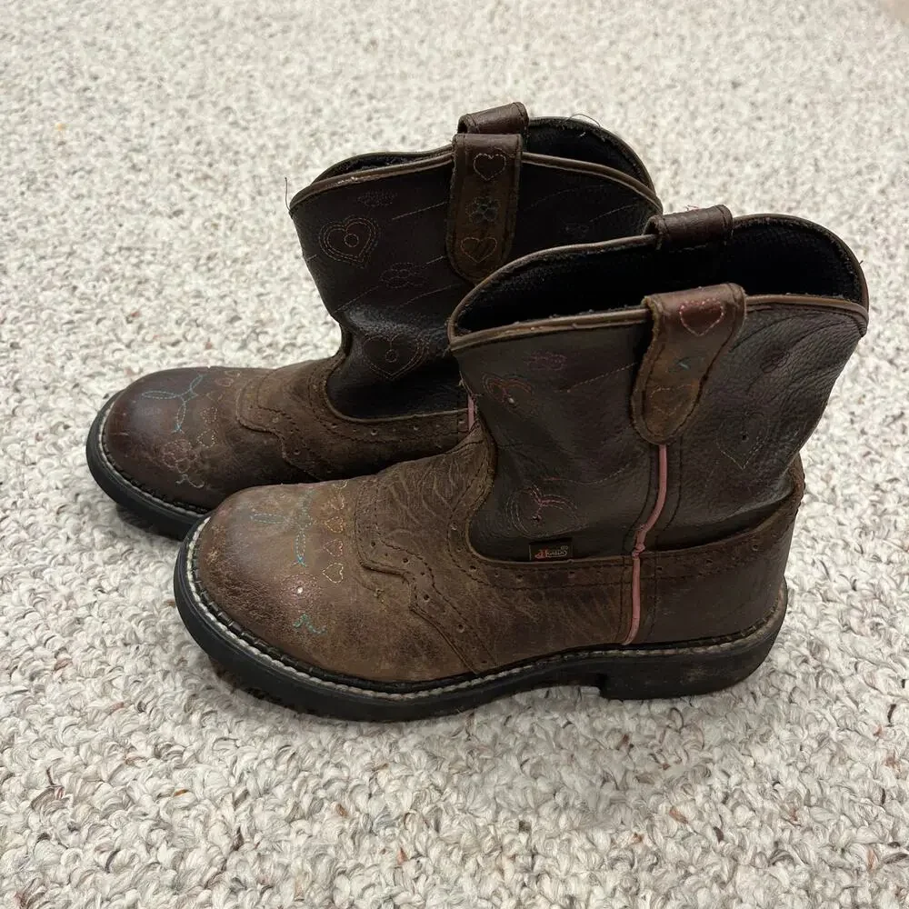 Justin Girls Cowboy Boots Light Up Sz 3D Leather Brown Pink Western Casual